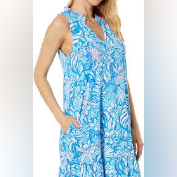 Size L Lilly Pulitzer Malone dress, Amalfi Blue Sound the Sirens print - Picture 2 of 8